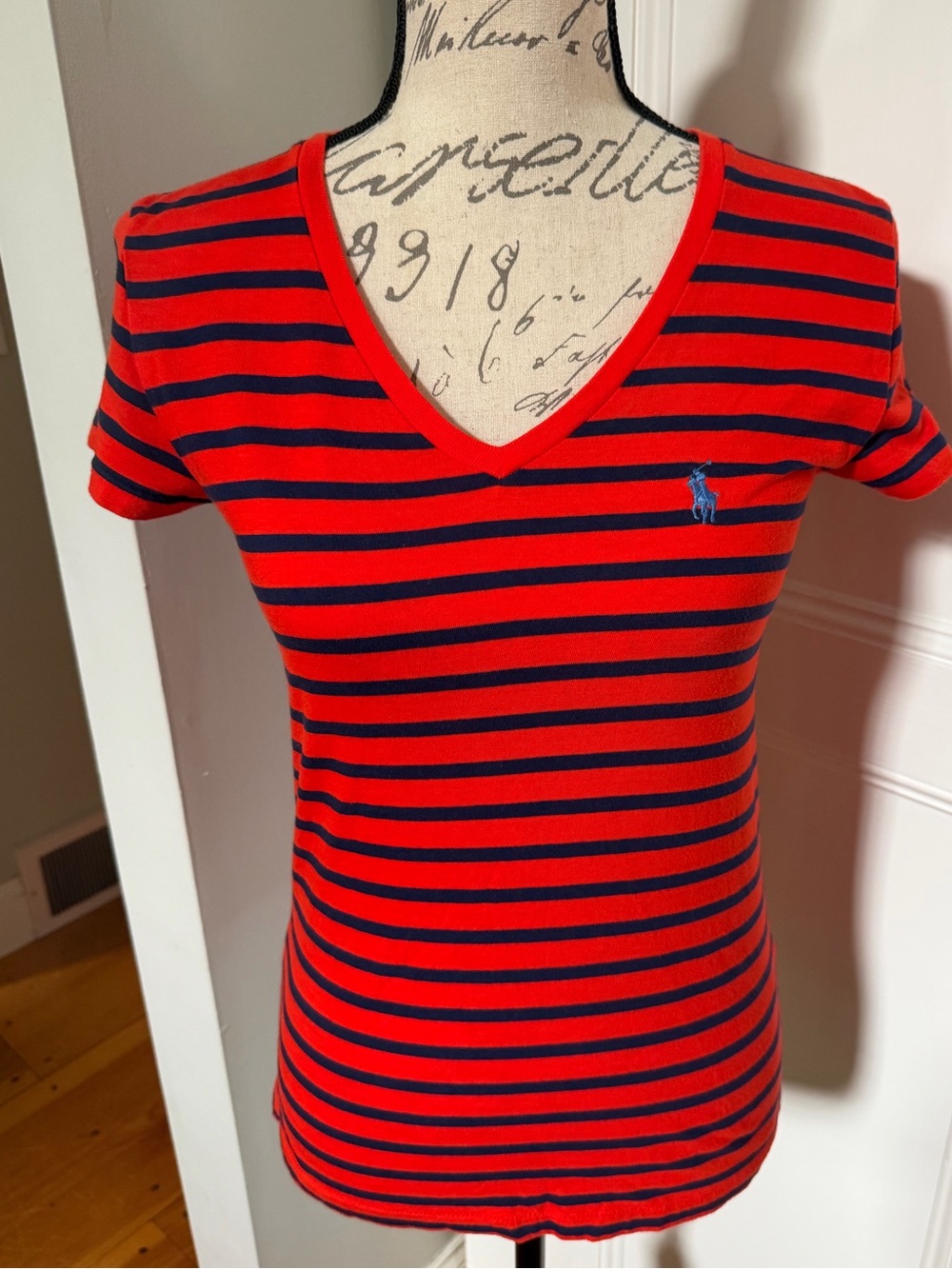 Ralph Lauren Red/Navy V-Neck Shirt w/Embroidered Pony Logo. Women's Size: S/P.